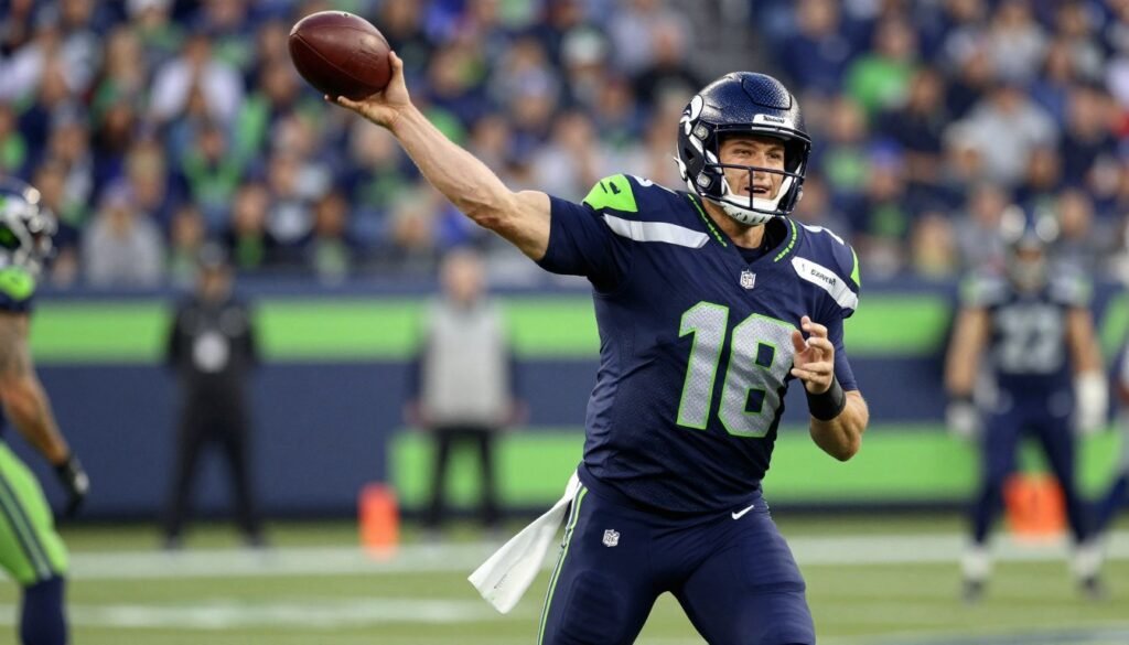 Seattle Seahawks quarterback Sam Darnold throwing a pass during an NFL playoff game