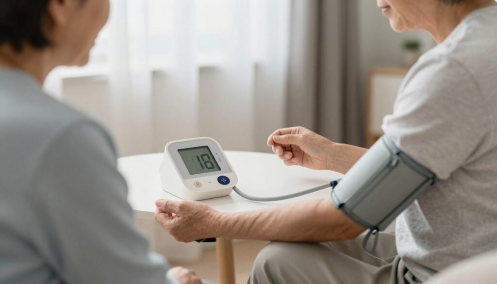 Senior adult checking blood pressure at home with digital monitor