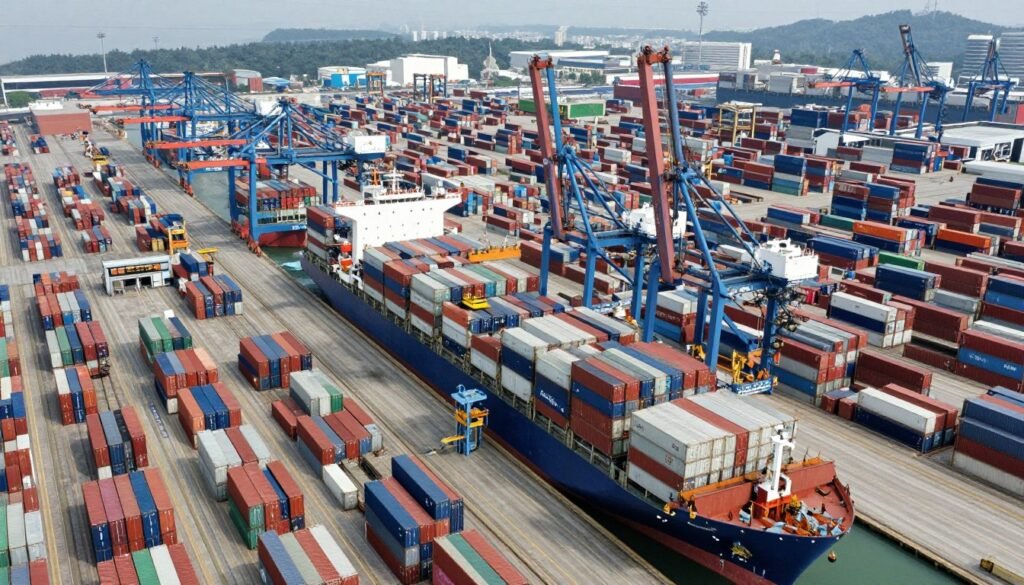 Shipping containers stacked at international port