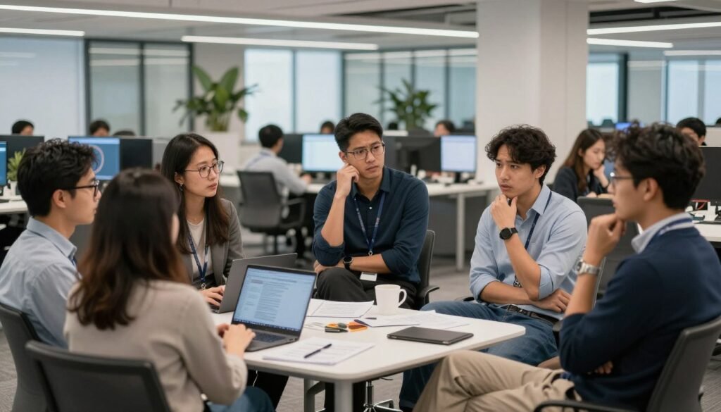 Silicon Valley tech campus with concerned workers