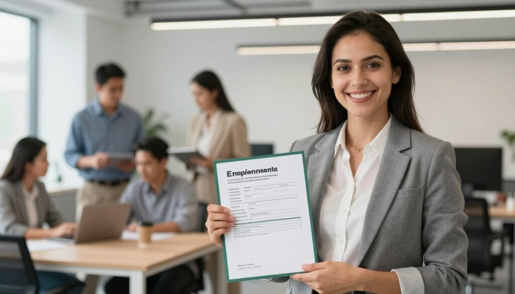 Skilled worker in professional environment holding work permit documents