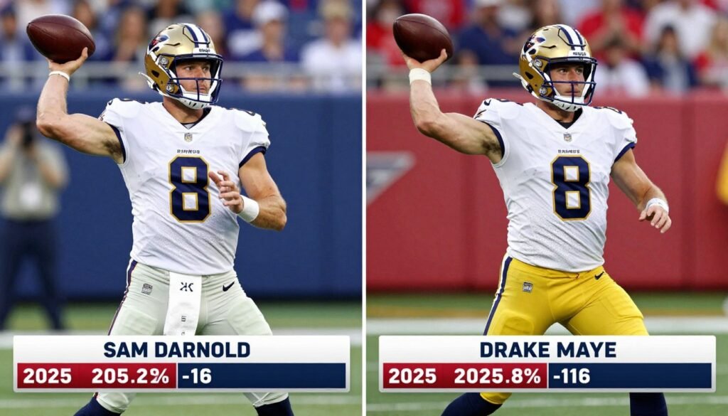 Split image showing Sam Darnold and Drake Maye side by side for Super 2026 ball final prediction