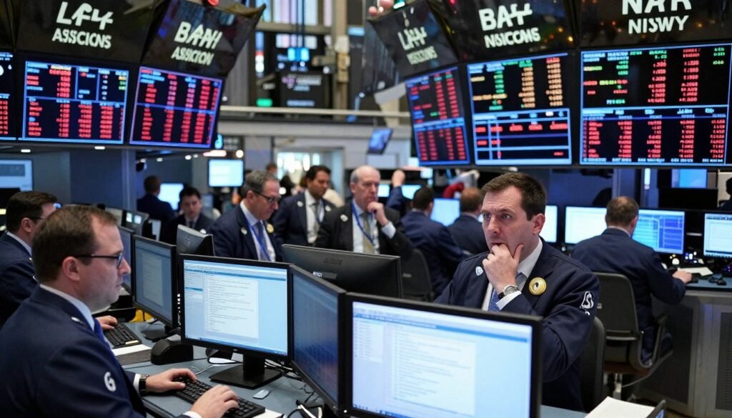 Stock market trading floor showing market volatility