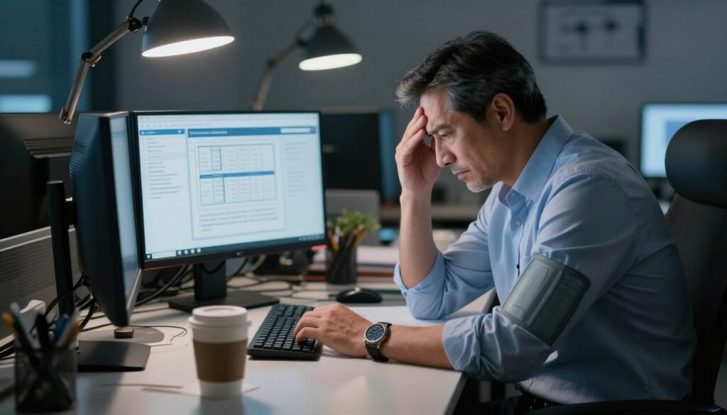 Stressed businessman working late at desk with multiple monitors showing signs of work-related stress