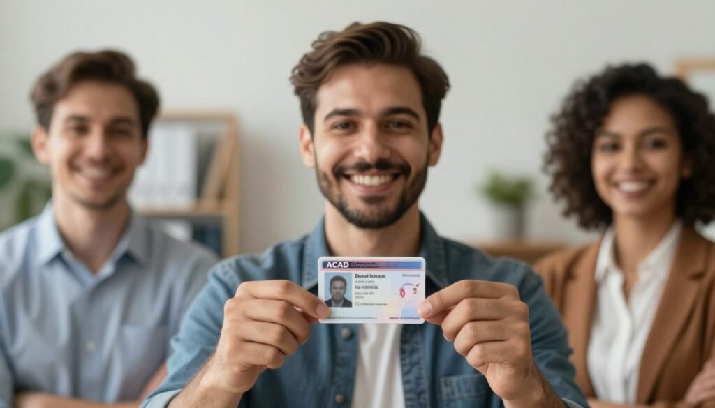 Successful immigrant holding EAD card with confident smile
