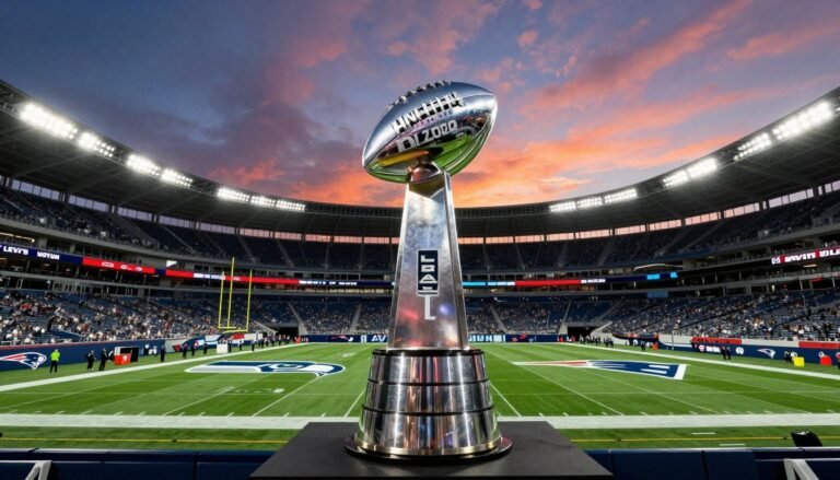 Super Bowl 2026 stadium with teams' logos and championship trophy for Super 2026 ball final prediction