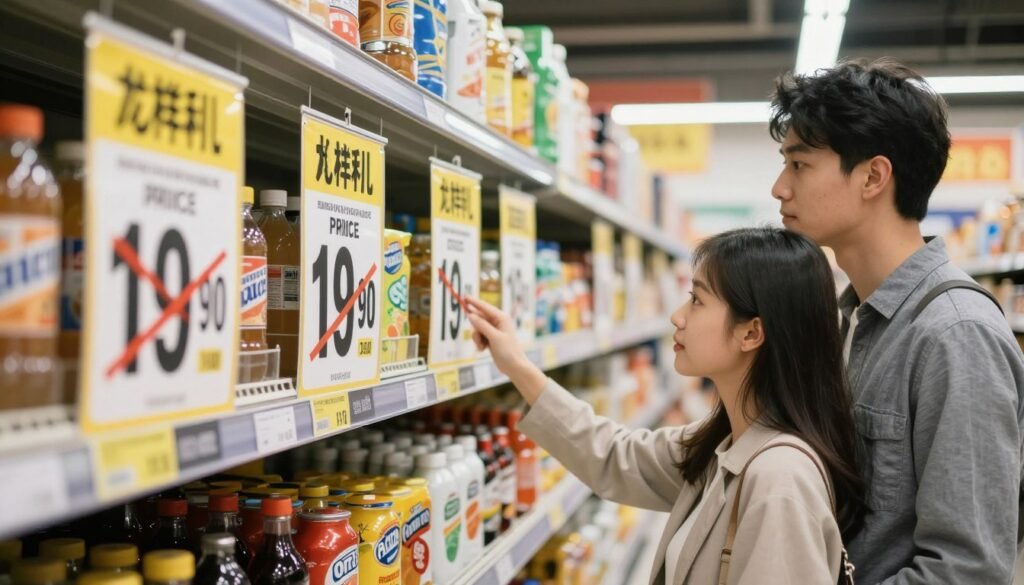 Supermarket shelves with price comparison