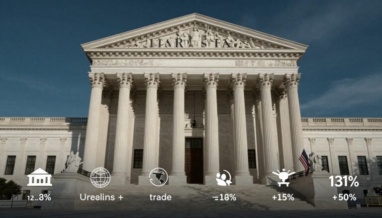 Supreme Court building with Trump tariff policy documents