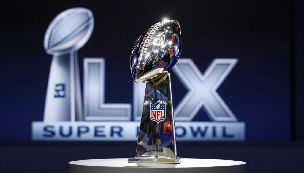 The Vince Lombardi Trophy displayed against a Super Bowl LX backdrop