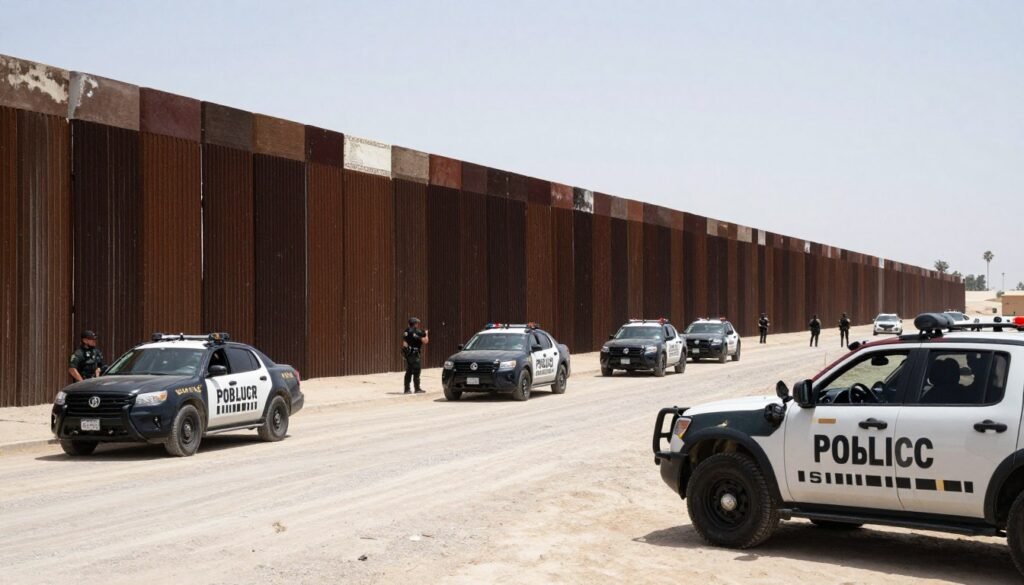 U.S.-Mexico border showing border security infrastructure and personnel