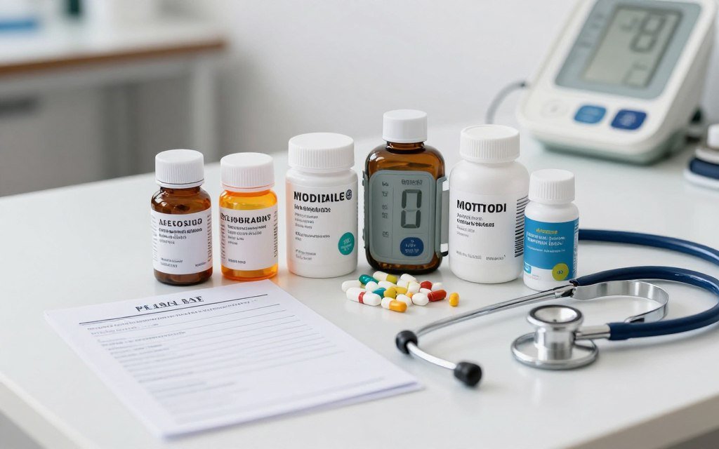 Various types of blood pressure medications in bottles with prescription pad