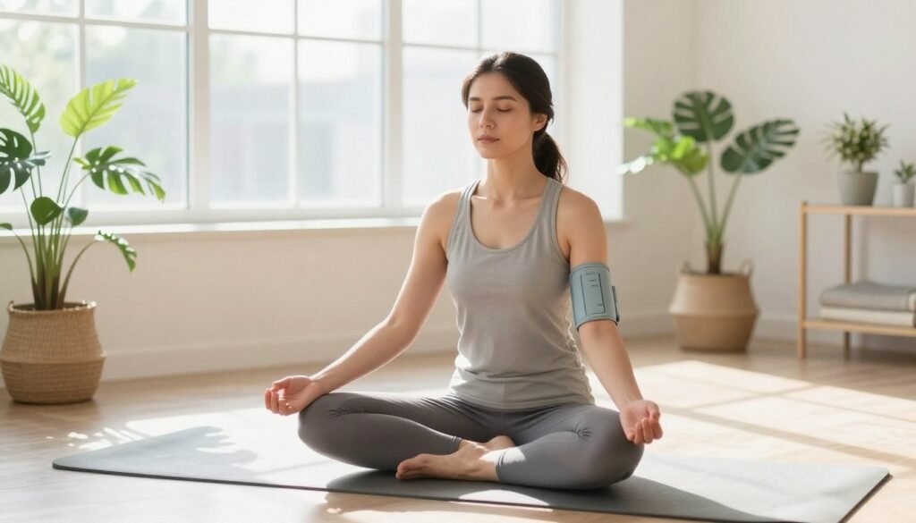 Woman practicing yoga meditation in peaceful home setting for stress reduction