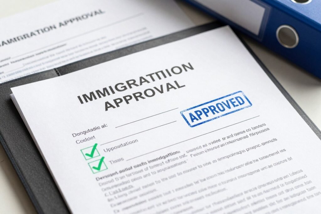 approved immigration stamp on documents with checkmarks