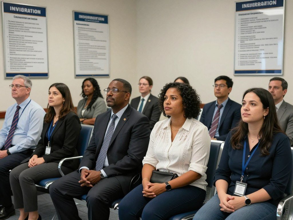 diverse group of asylum seekers waiting at immigration office