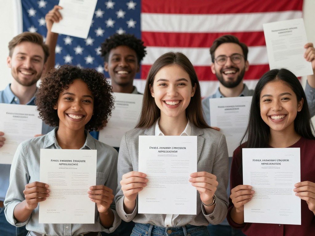 diverse group of new immigrants celebrating successful applications