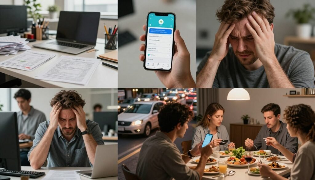 factors contributing to stress including work, money, and technology