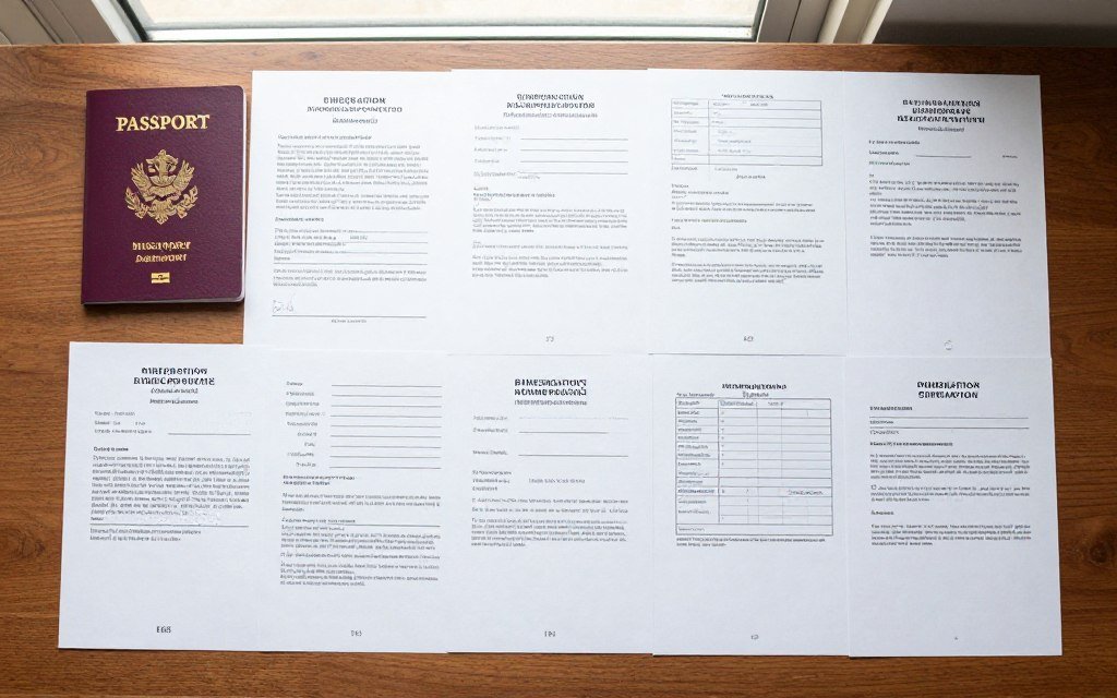organized immigration documents and passport on desk