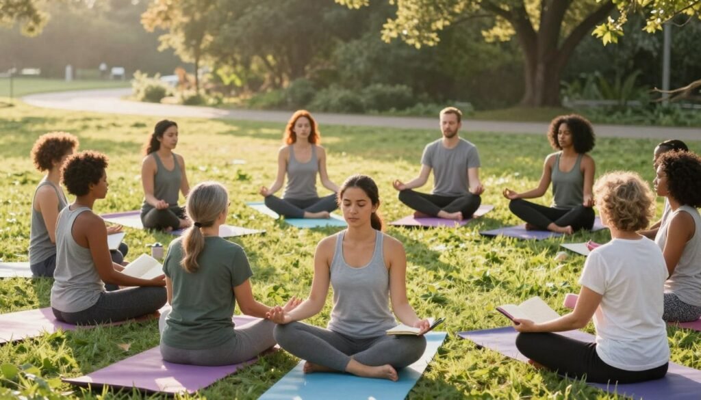people practicing stress management techniques like meditation and exercise