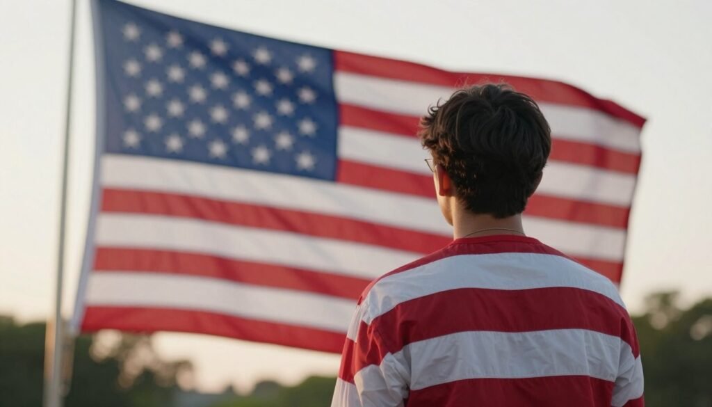 person looking hopefully toward American flag