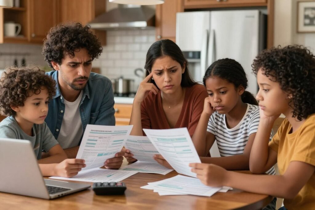 American families dealing with household budget, bills, and financial planning