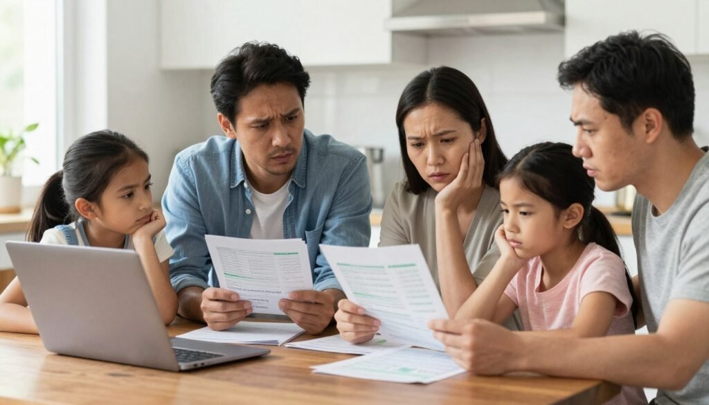 American family reviewing household budget and financial documents with concerned expressions