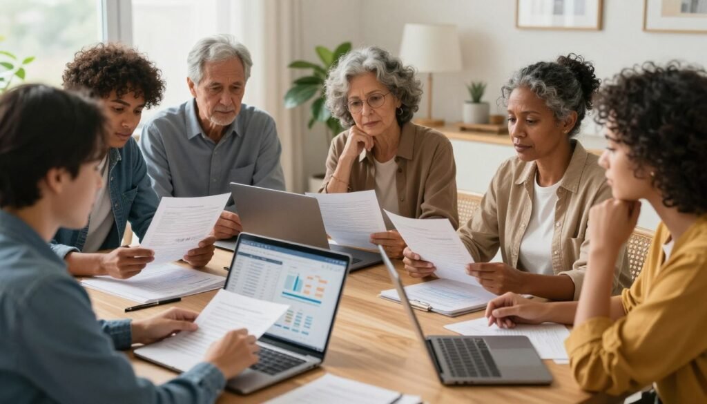 Americans planning for economic future with financial documents and family discussions