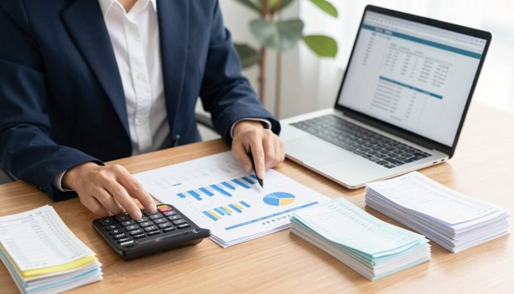 Business owner implementing tax savings strategies with organized financial documents