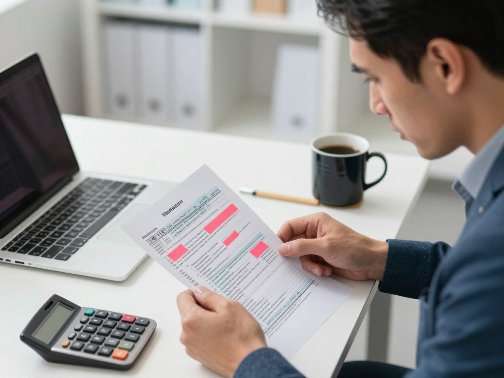 Business owner reviewing tax documents with red flags and error markers highlighted