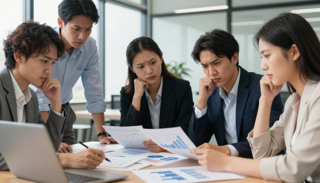 Business owners looking concerned while reviewing economic forecasts