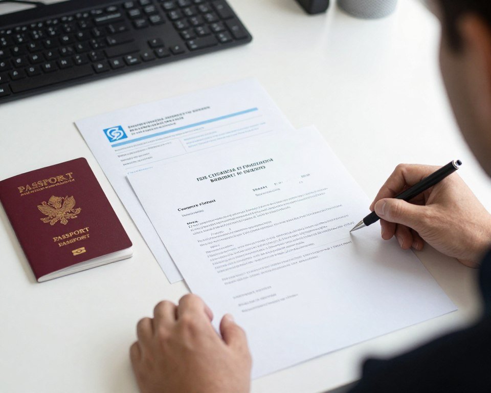 Business professional preparing B1 visa documents and passport for United States travel