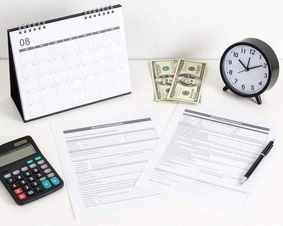 Calendar and calculator representing processing times and costs