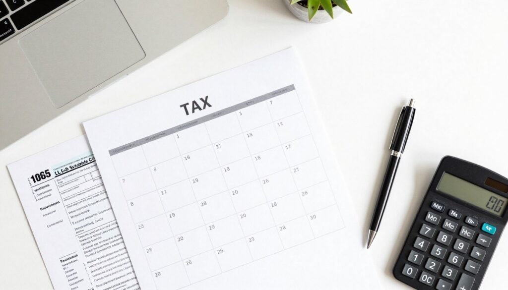 Calendar and tax forms showing important LLC tax deadlines and requirements