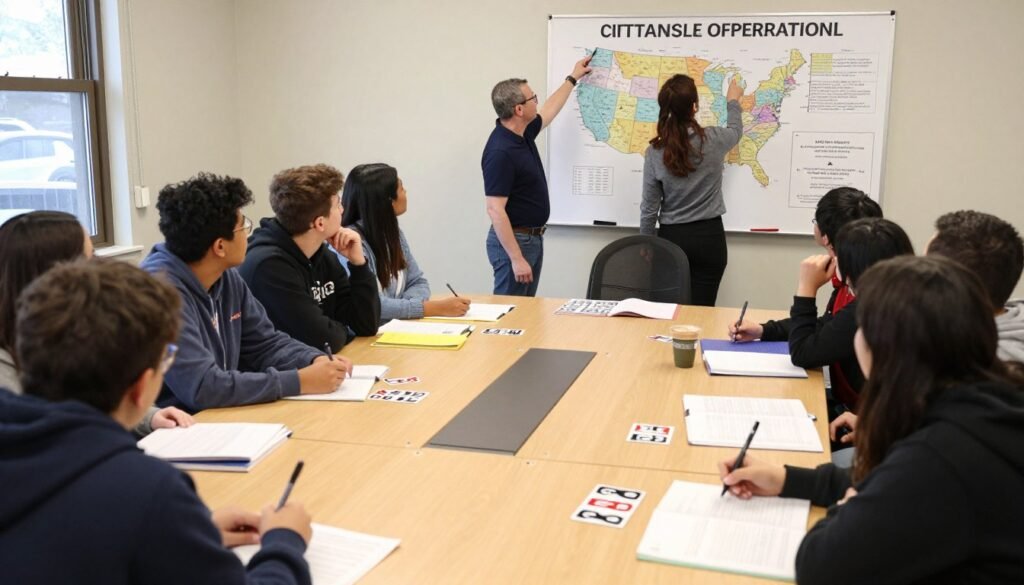 Community citizenship class with diverse students studying U.S. civics and preparing for naturalization test