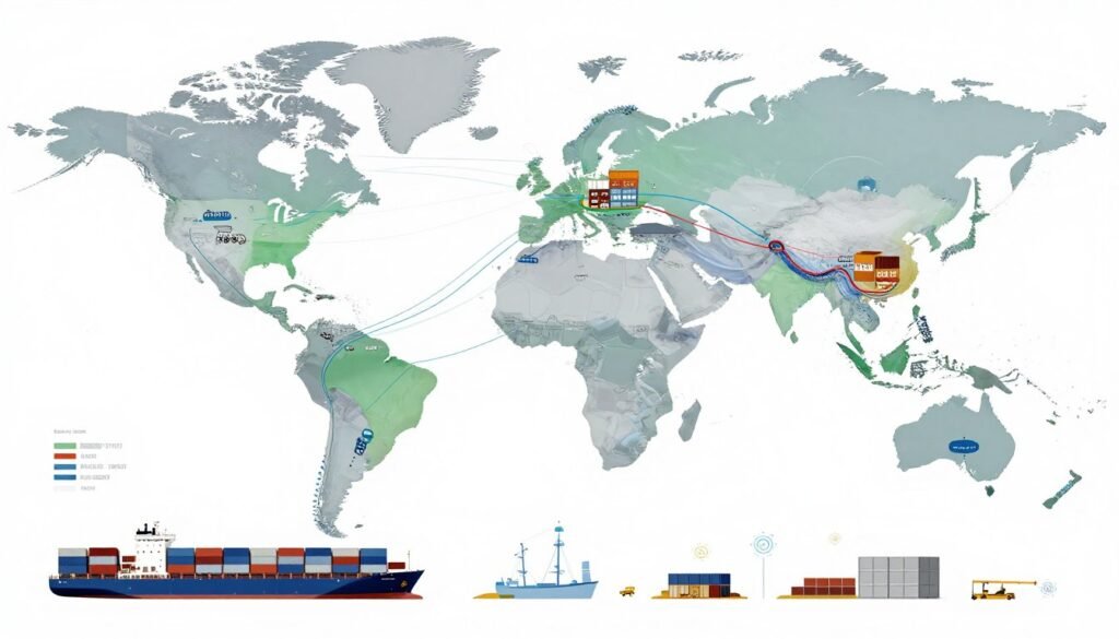 Complex global supply chain network showing interconnected manufacturing and logistics flows