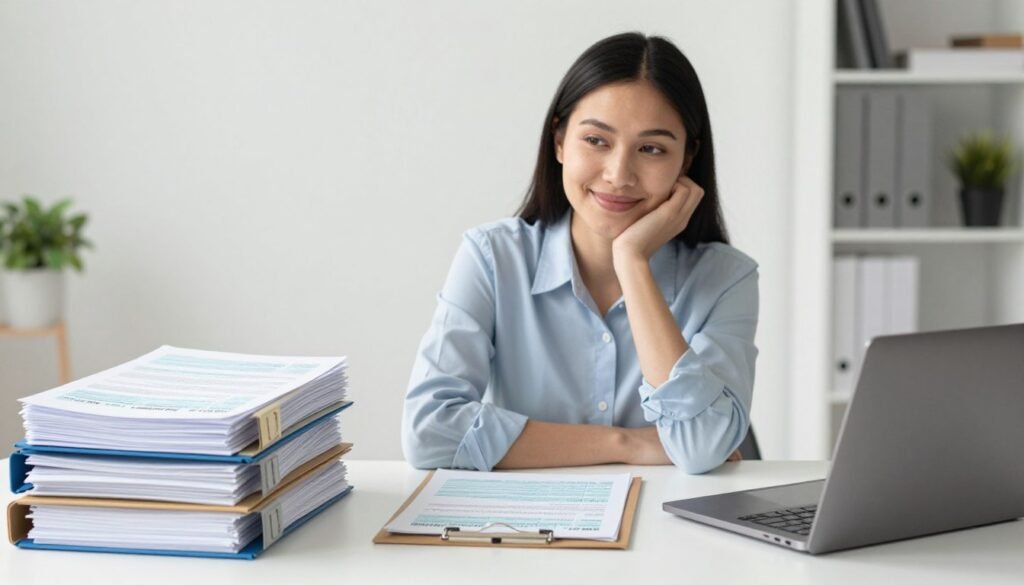 Confident business owner with organized tax documents ready for filing