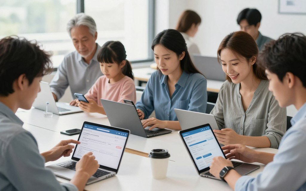 Diverse group of taxpayers reviewing documents and checking refund status on devices