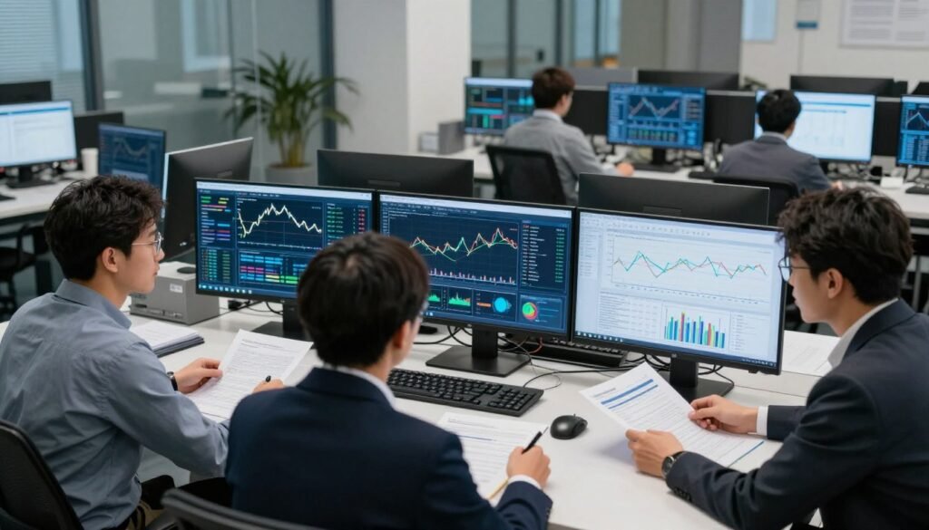 Economists analyzing data and creating forecasts in research settings