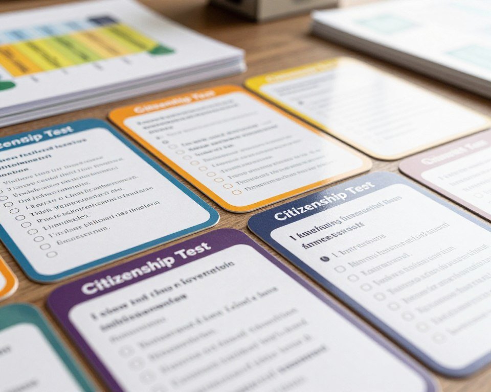 Flashcards showing common U.S. citizenship interview questions and answers