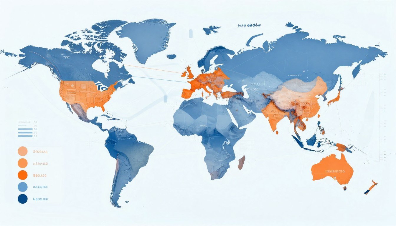 Global economic interconnections showing trade routes and financial flows between major economies