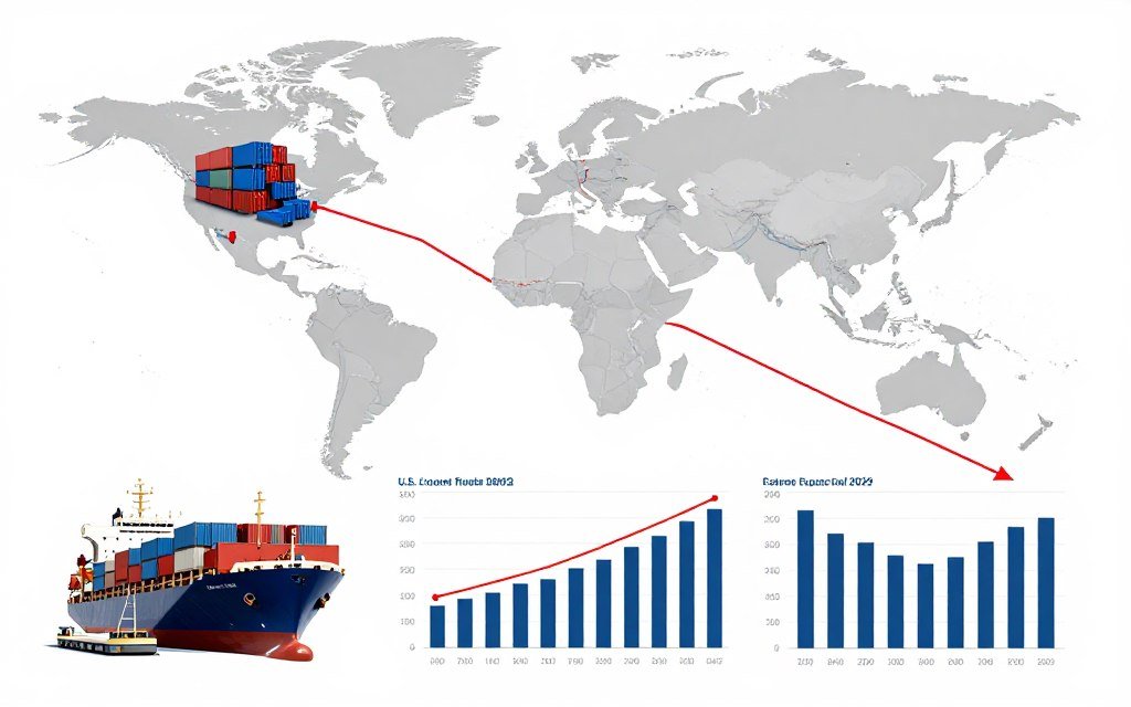 Global trade volumes and U.S. export performance trends showing declining momentum