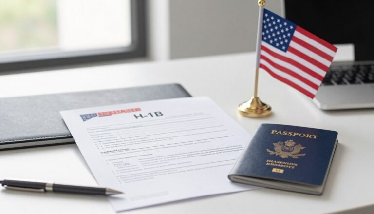 H-1B visa process application documents and United States flag