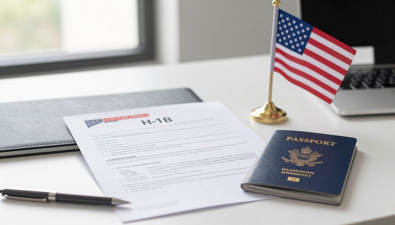 H-1B visa process application documents and United States flag