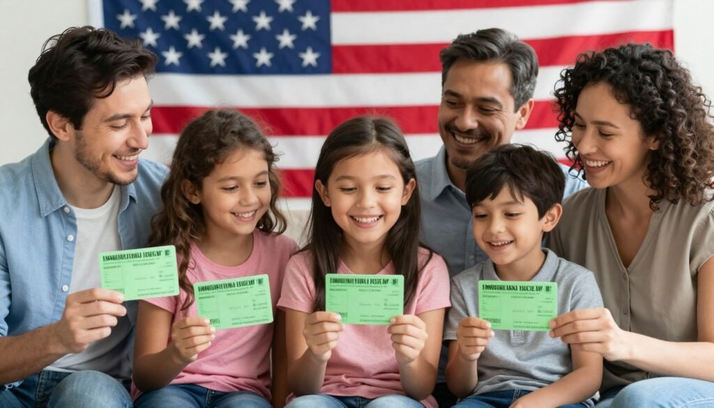 Happy immigrant family celebrating green card approval