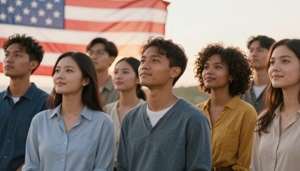 Hopeful image of diverse Americans looking toward brighter economic future