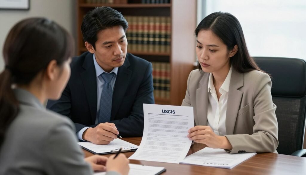 Immigration attorney reviewing denial notice with client