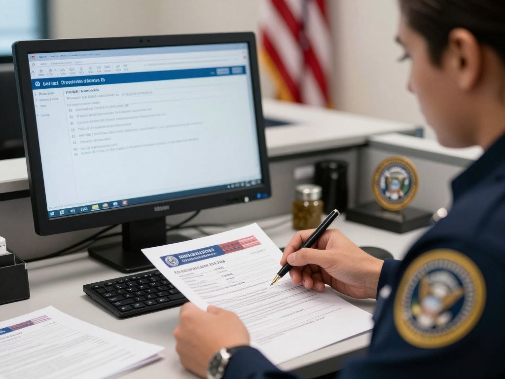 Immigration officer reviewing nonimmigrant visa application at United States consulate