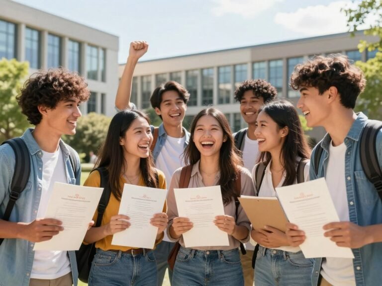 International students celebrating acceptance to US university