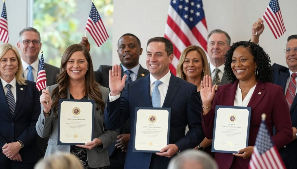 New U.S. citizens celebrating after oath ceremony showing successful path to becoming U.S. citizen