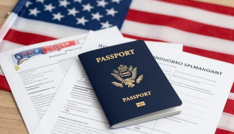 Nonimmigrant visa types application documents with United States passport and visa stamps