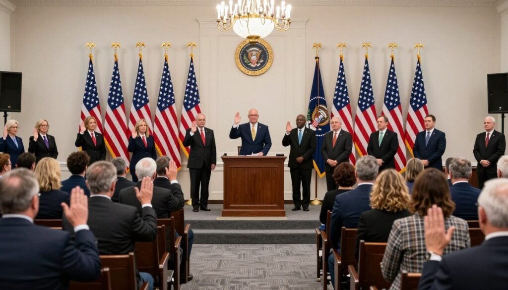 Oath of Allegiance ceremony for new U.S. citizens with American flags and naturalization certificates
